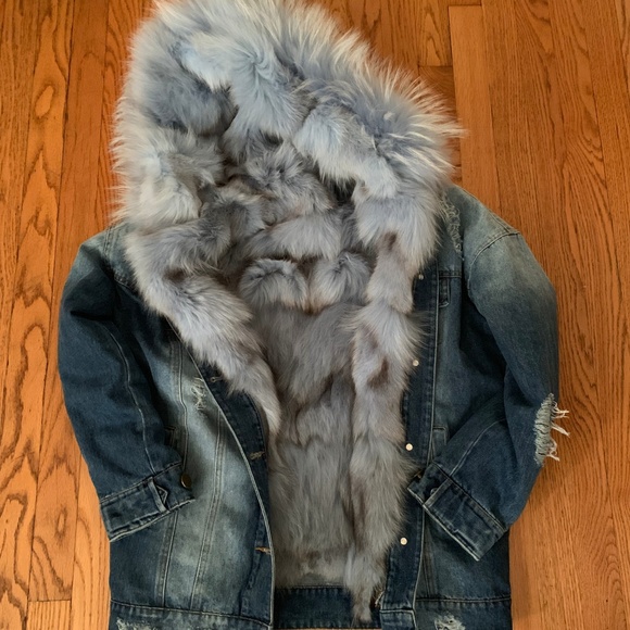 Genuine Fox Fur Lined Denim Parka Size Medium - Picture 3 of 4